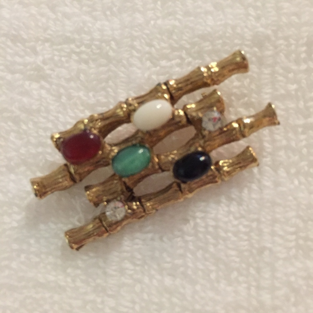 Gold-tone vintage bamboo pin with stones